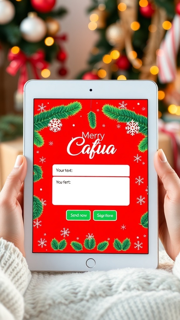 Christmas Card User Interface Design A digital Christmas card UI design on a tablet with festive colors and decorations.